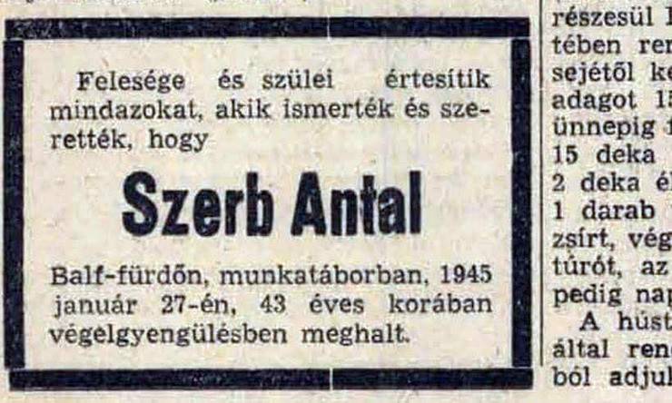 Szerb Antal halálának híre a korabeli sajtóban